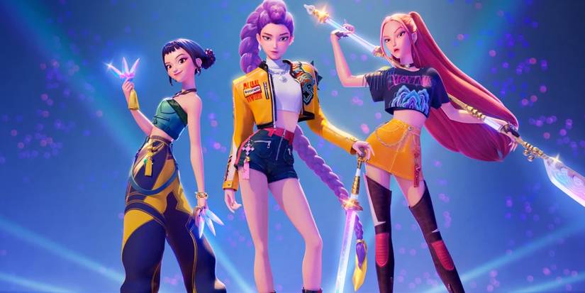 The three members of Huntrix posing with weapons in KPop Demon Hunters