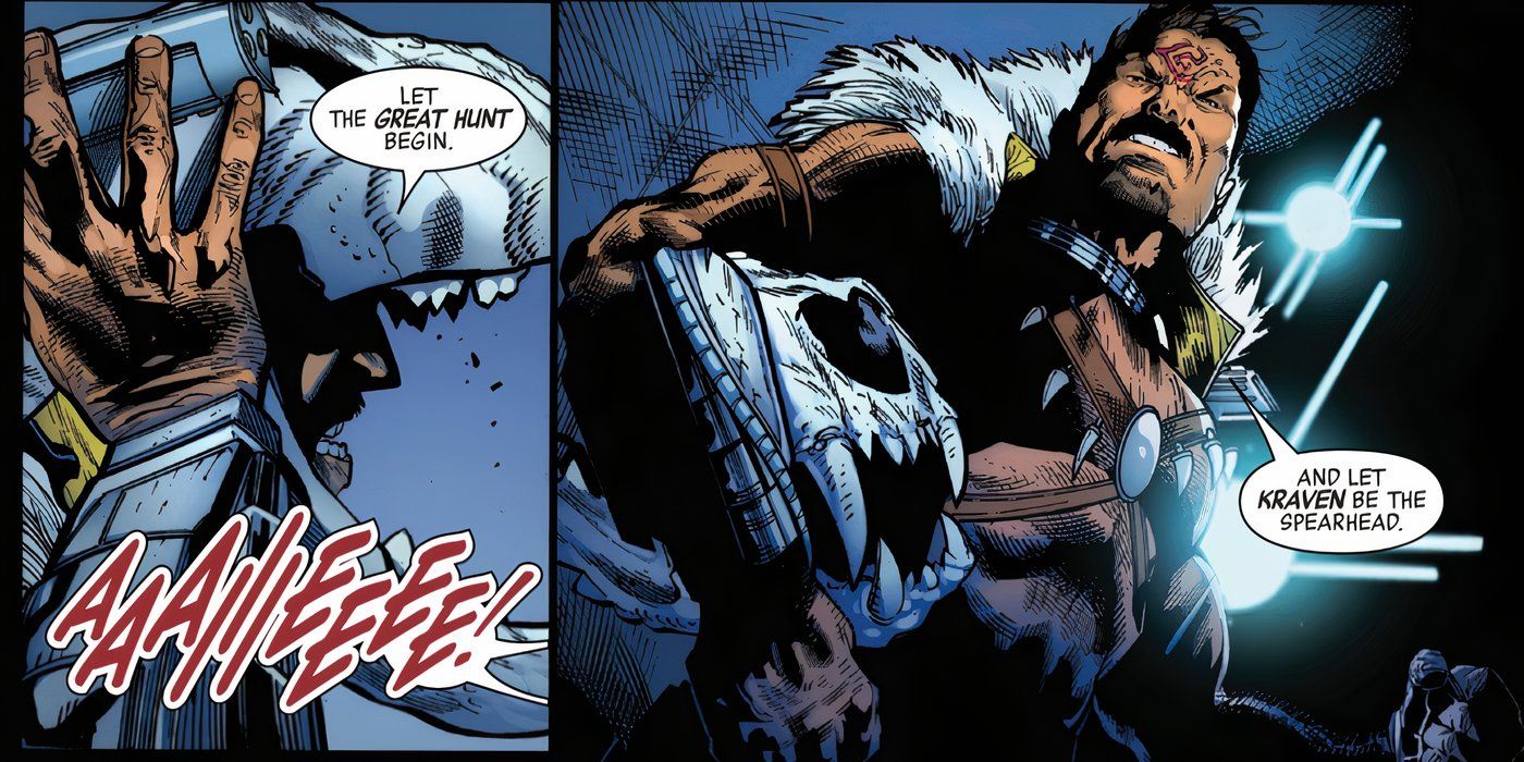Kraven il cacciatore rimuove un elmo Predator