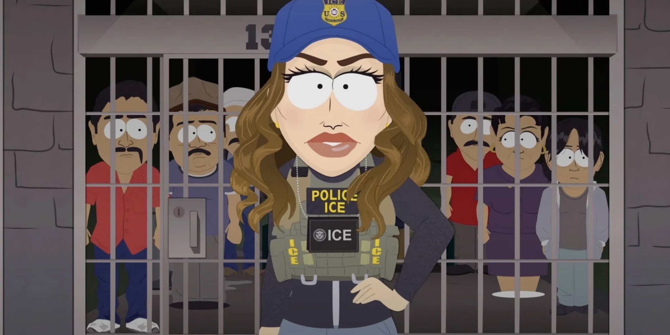 Kristi Noem looking upset in front of a jail cell in South Park season 27