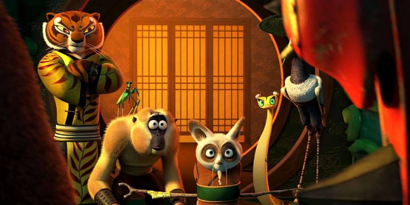 The Masters look shocked while looking at someone offscreen in Kung Fu Panda 3
