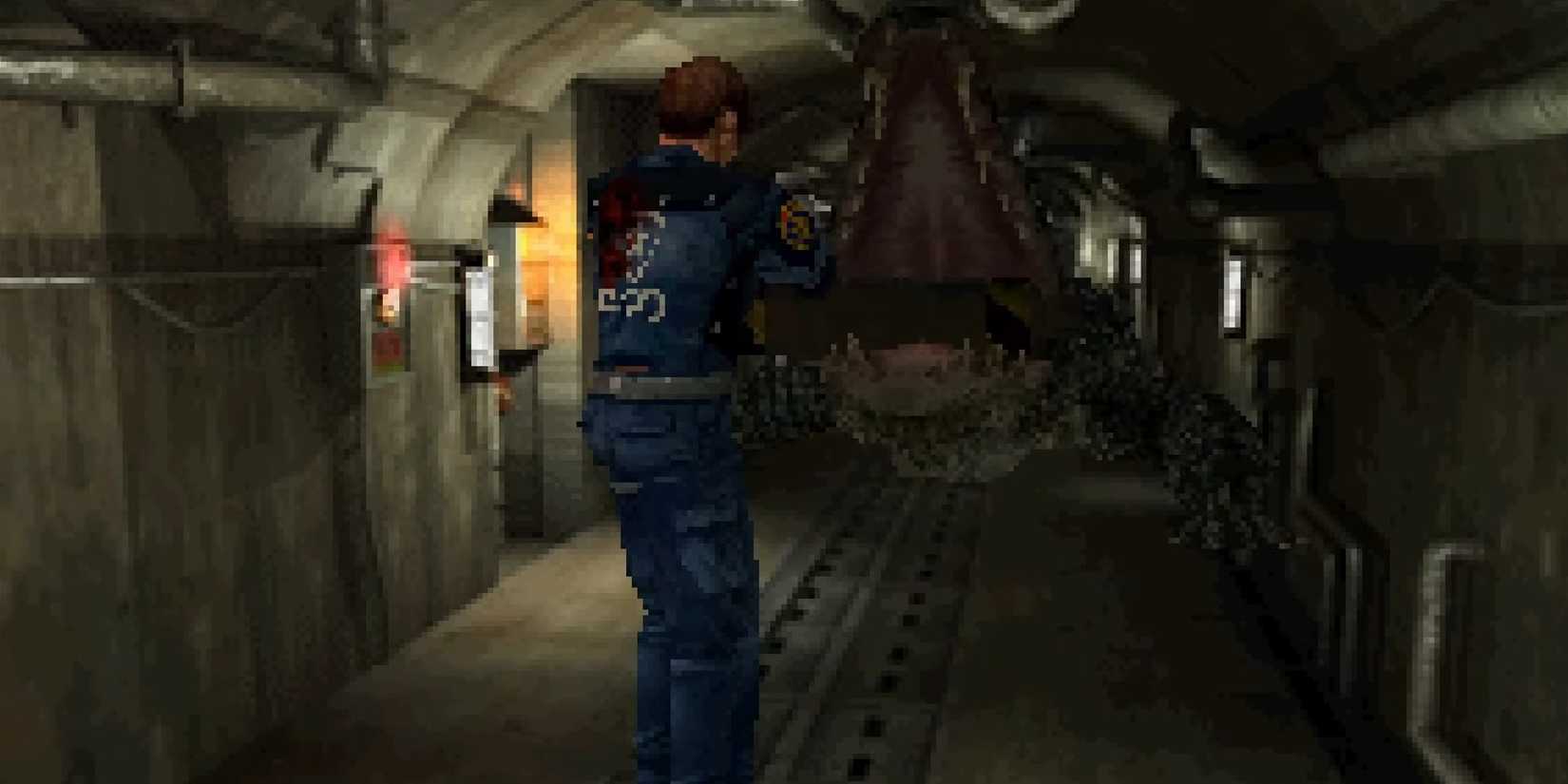Leon about to kill the Giant Alligator in Resident Evil 2 Classic.