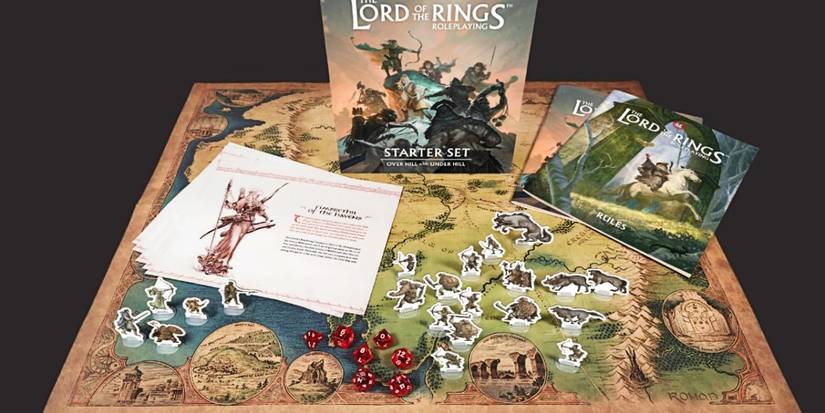 Lord of the Rings 5e Starter Set Contents showing off the box, map, figures, and rulebooks.
