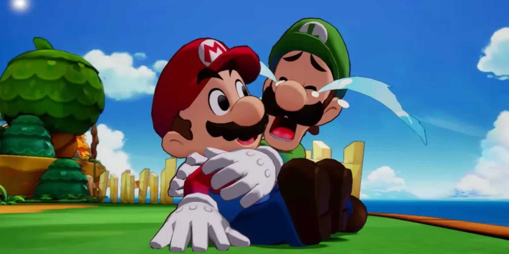 Luigi piange mentre tiene un Mario sconvolto in Brothership.