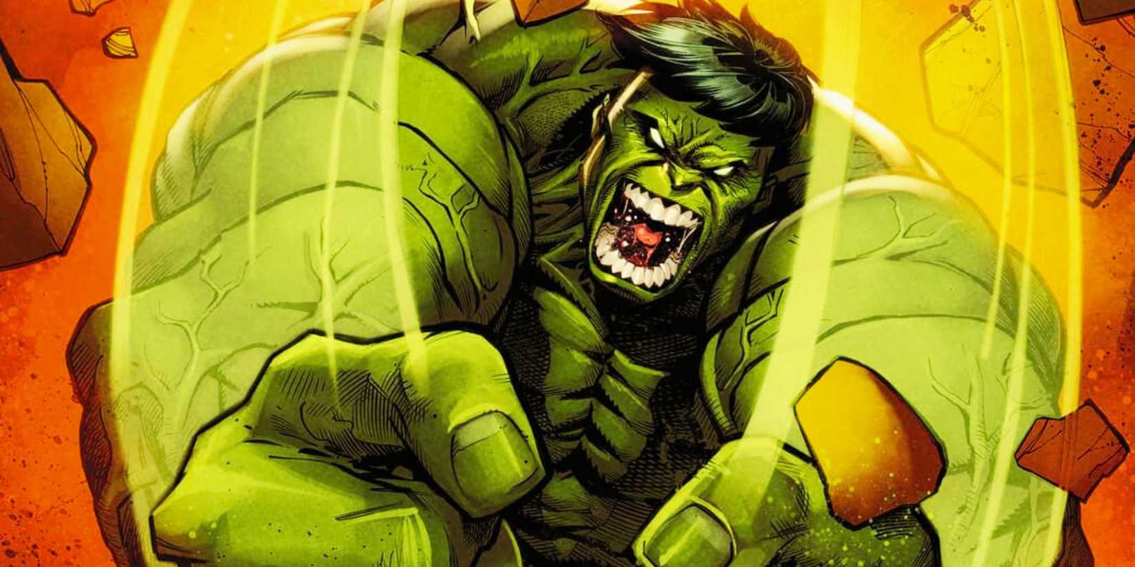 Marvel Comic's Hulk smashes falling ruble