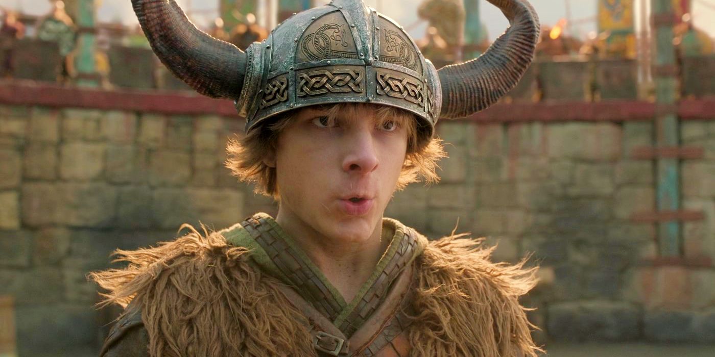 Mason Thames as Hiccup puckering his mouth in the arena in How to Train Your Dragon 2025