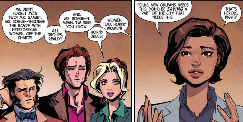 Mayor Mikki Sappora tells Rogue and Gambit about their horny demographic in Uncanny X-Men #19