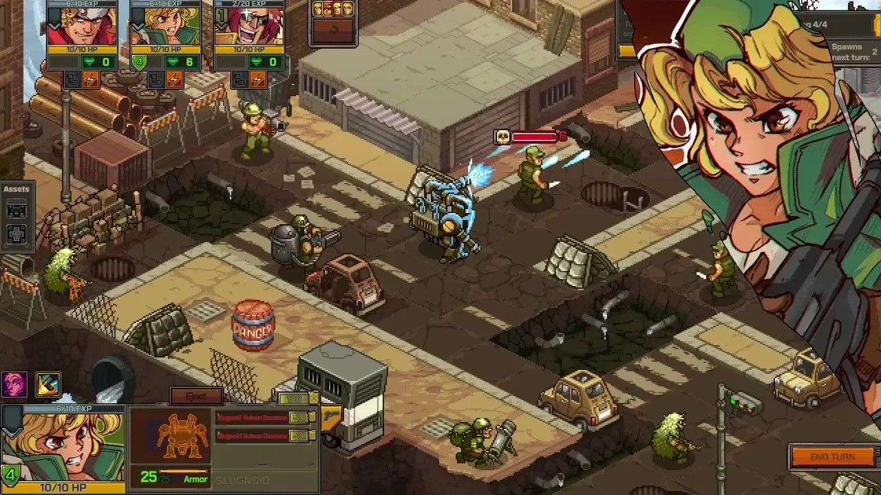 Metal Slug Tactics portrait of a character over a street overview