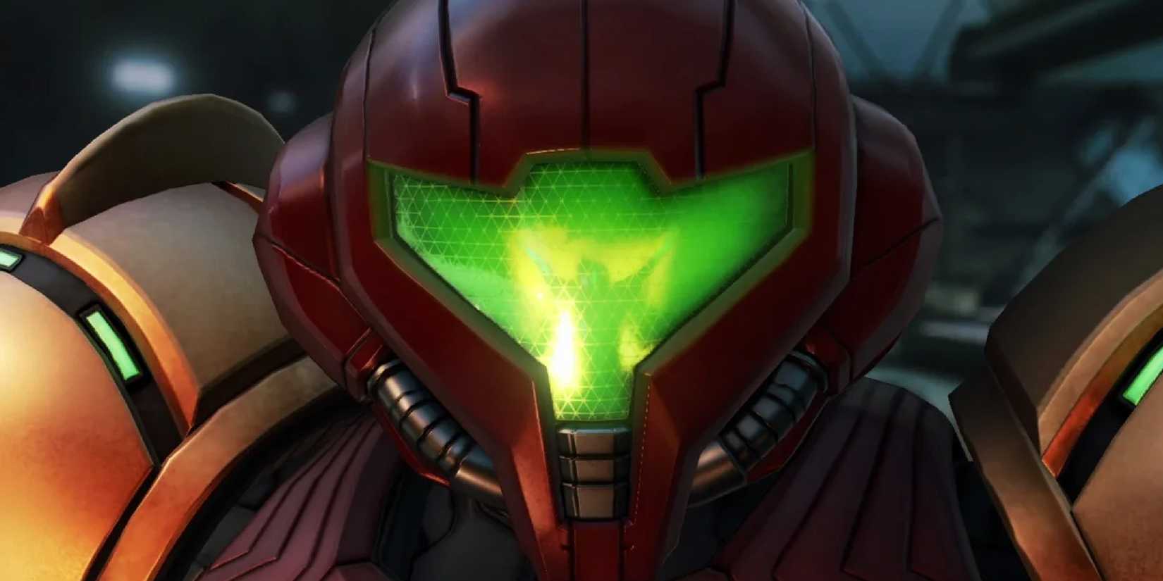 Metroid prime 4 closeup on samus' helmet
