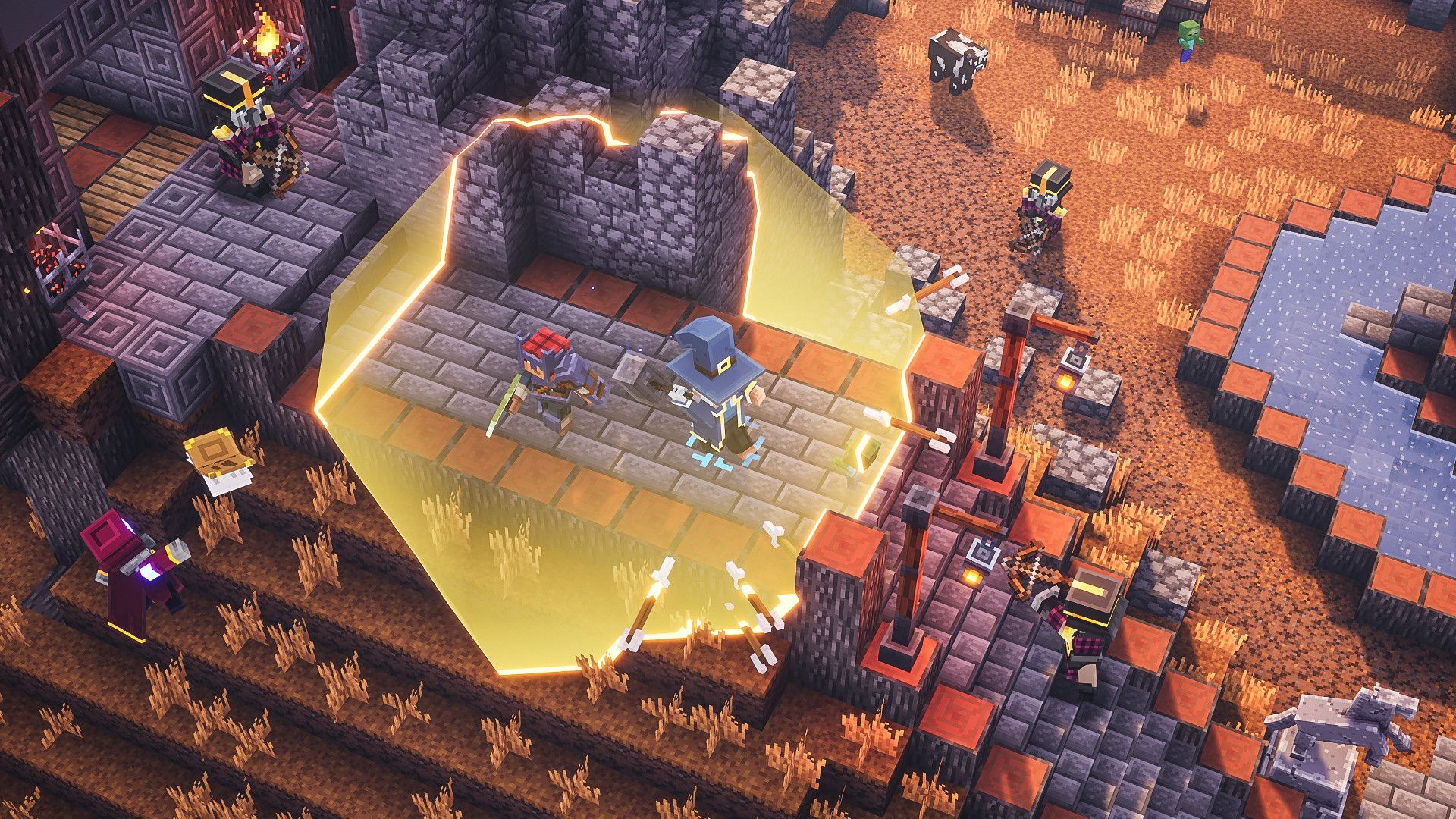 Minecraft Dungeons screenshot of two characters in a protective bubble