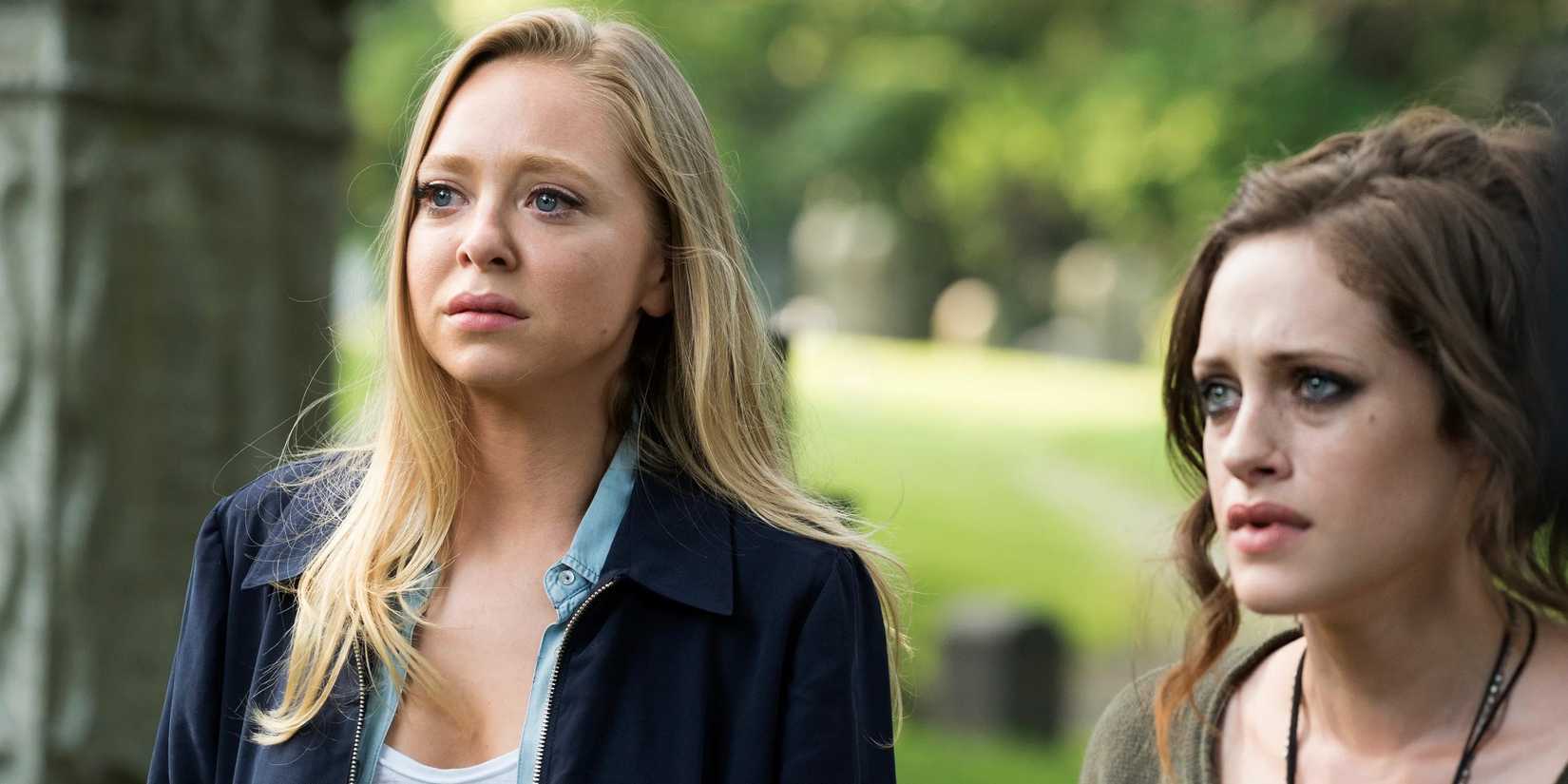 Angela and Darlene standing together and looking concerned in Mr. Robot