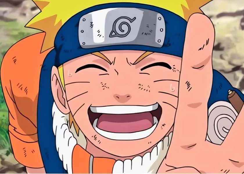Naruto smiling while holding a peace sign after winning a battle.
