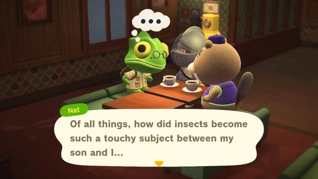 Nat and Chip sitting at a table at the Roost in Animal Crossing New Horizons