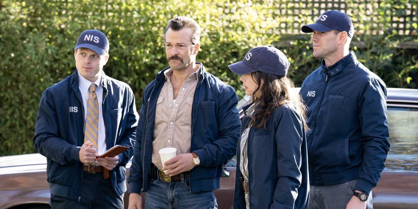 NCIS Origins Cast (Caleb Fote as Randy, Kyle Schmid like Mike Franks, Mariel Molino like Lala, Austin Stowell like Gibbs) standing on a crime scene