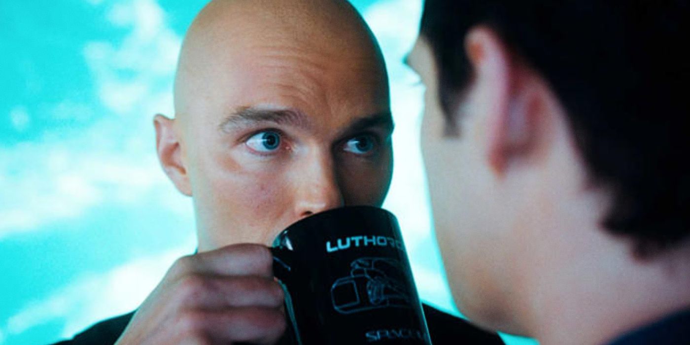 Nicholas Hoult's Lex Luthor drinks from his cup while Superman threatens him