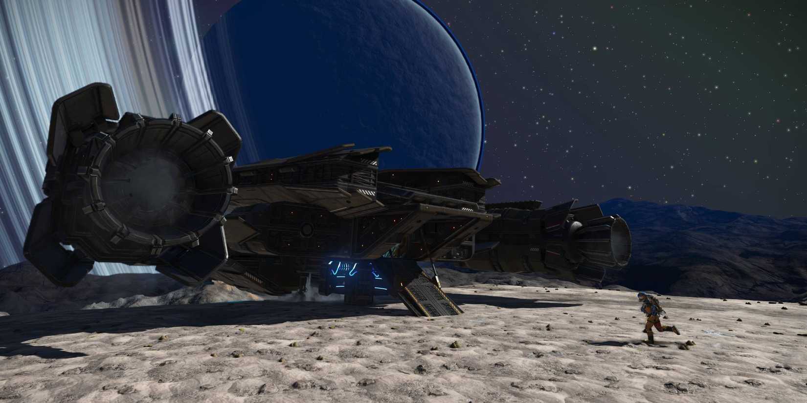 The player running towards their ship in No Man's Sky.