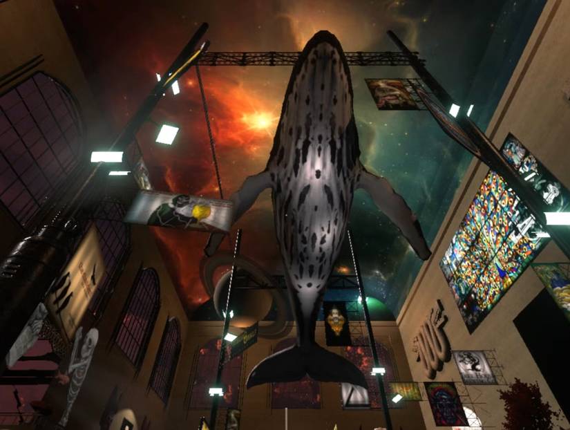 off-peak screenshot featuring a whale hanging off a tall ceiling in the train station