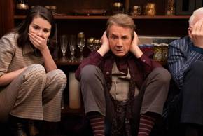 Selena Gomez's Mabel, Martin Short's Oliver and Steve Martin's Charles hiding and doing see no evil, speak no evil, hear no evil in Only Murders in the Building season 5