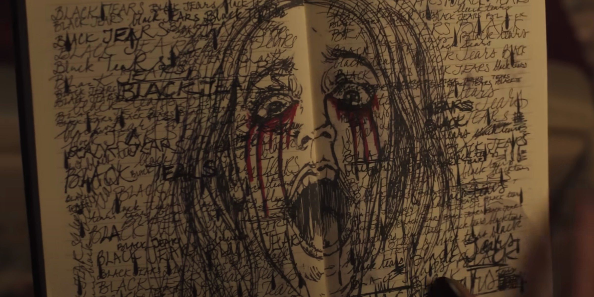Ophelia Frump's notebook with a drawing of a person with black tears in Wednesday season 2