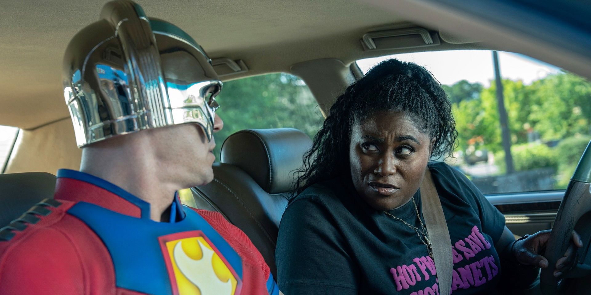 Peacemaker and Leota Adebayo in a car in season 2Jessica Miglio / ©HBO Max / Courtesy Everett Collection