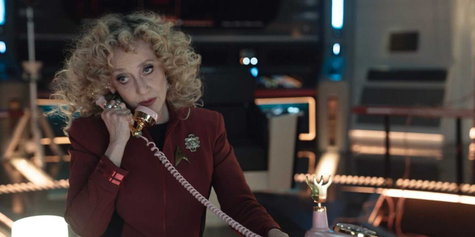 Pelia using a corded phone in Star Trek Strange New Worlds season 3 Sehlat Who Ate Its Tail