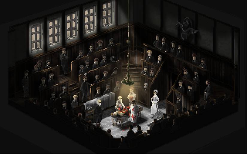 People watching a surgery in the middle of a room where a man in a white coat is covered with blood
