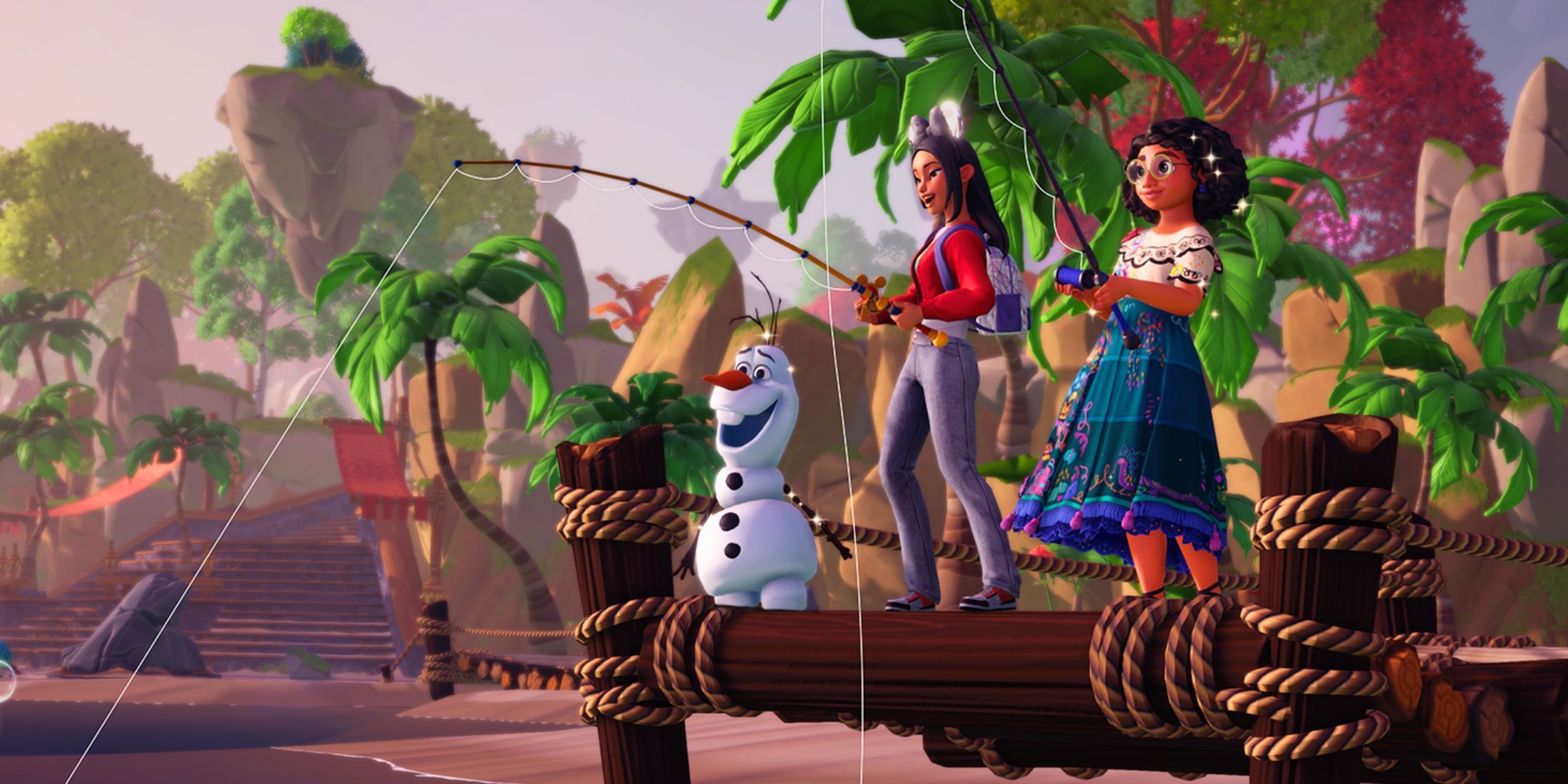 Player fishing with Merida and Olaf off a dock in Disney Dreamlight Valley