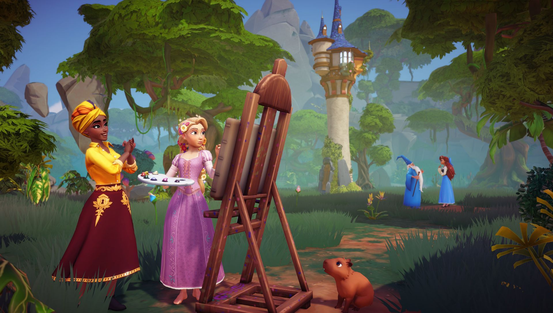 Player watching Rapunzel pain on an easle in the woods with Merlin and Ariel standing in the background talking in Disney Dreamlight Valley