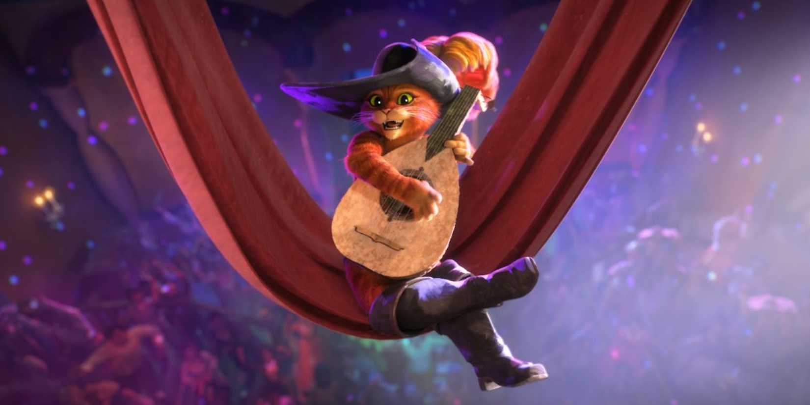 Puss in Boots sings while playing guitar in Puss in Boots: The Last Wish