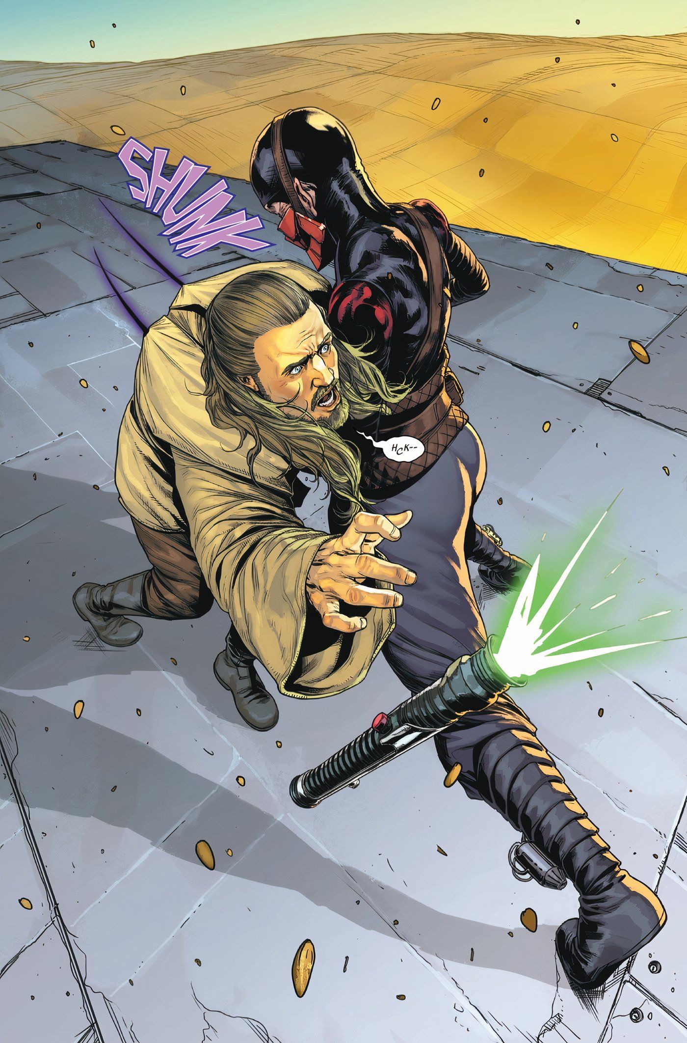 Qui-Gon Jinn getting stabbed in the gut by an assassin.