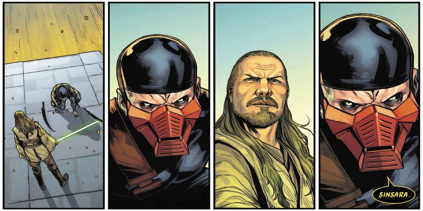 Qui-Gon Jinn talking to an assassin in Star Wars.
