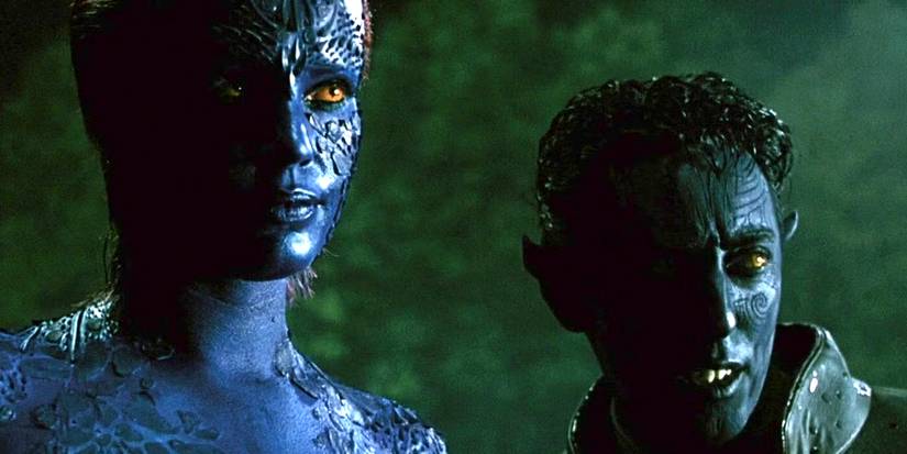 Rebecca Romjin's Mystique and Alan Cumming's Nightcrawler stand together in X2 X-Men United