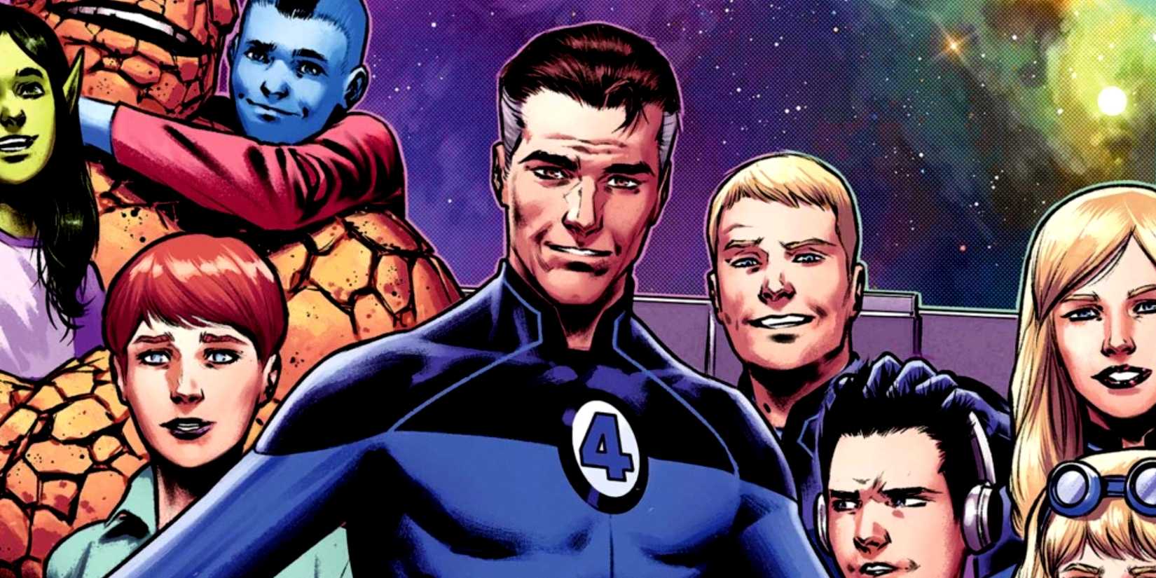 Reed Richards aka Mister Fantastic poses with his family in Fantastic Four comic cover