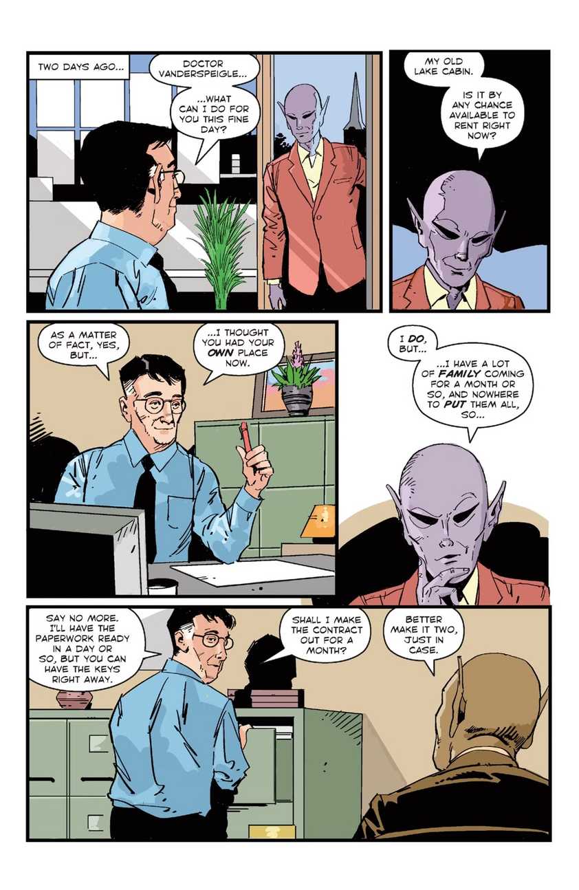 Resident Alien Book of Changes #1, an alien rents a cabin in the woods
