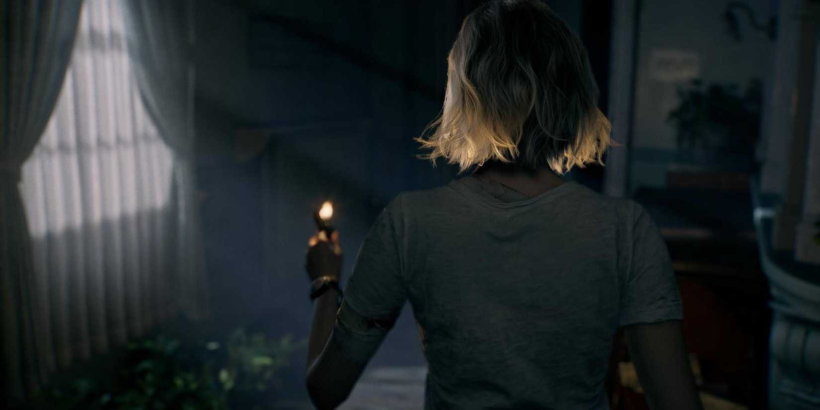 Resident Evil Requiem third person gameplay using lighter