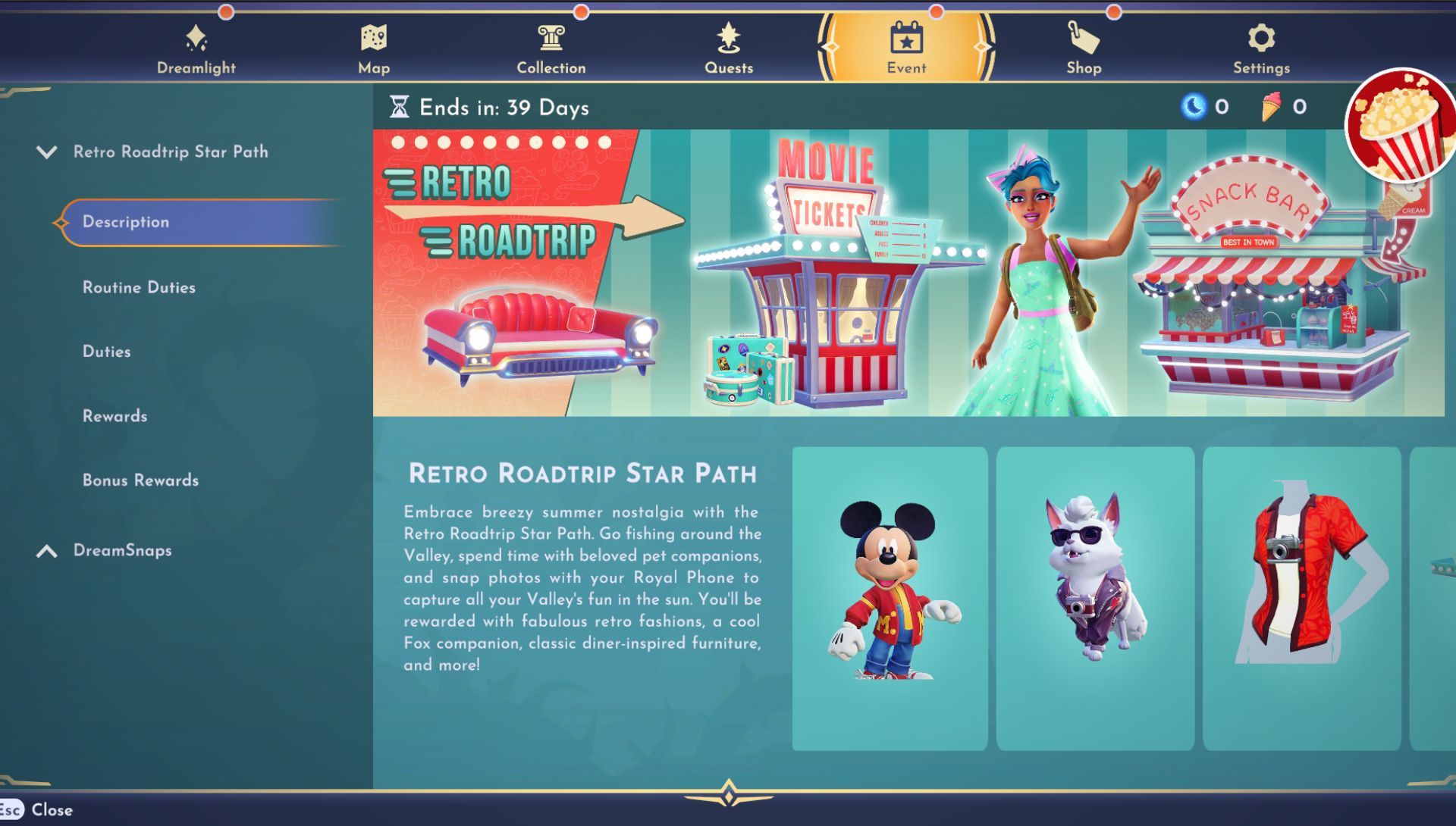 Schermata principale Retro Roadtrip Star Path in Disney Dreamlight Valley