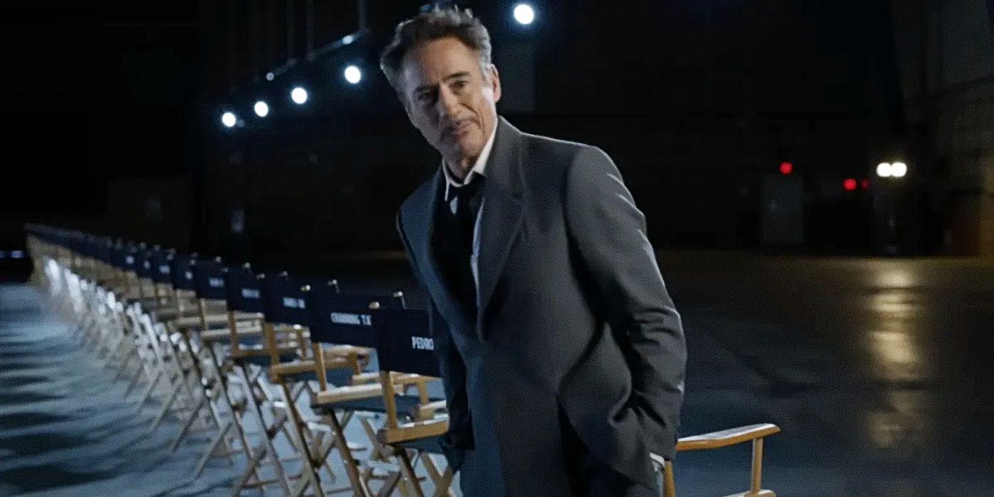 Robert Downey Jr stands proudly in front of Avengers Doomsday's cast chairs