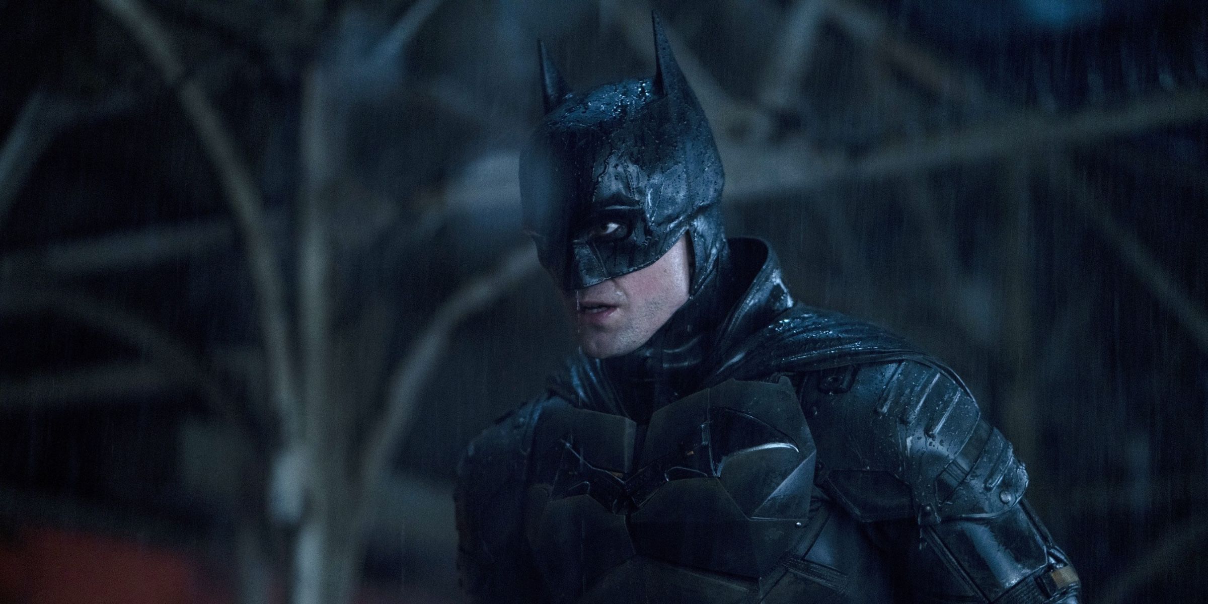 Robert Pattinson In Full Batman Costume In The Rain In Gotham In The Batman