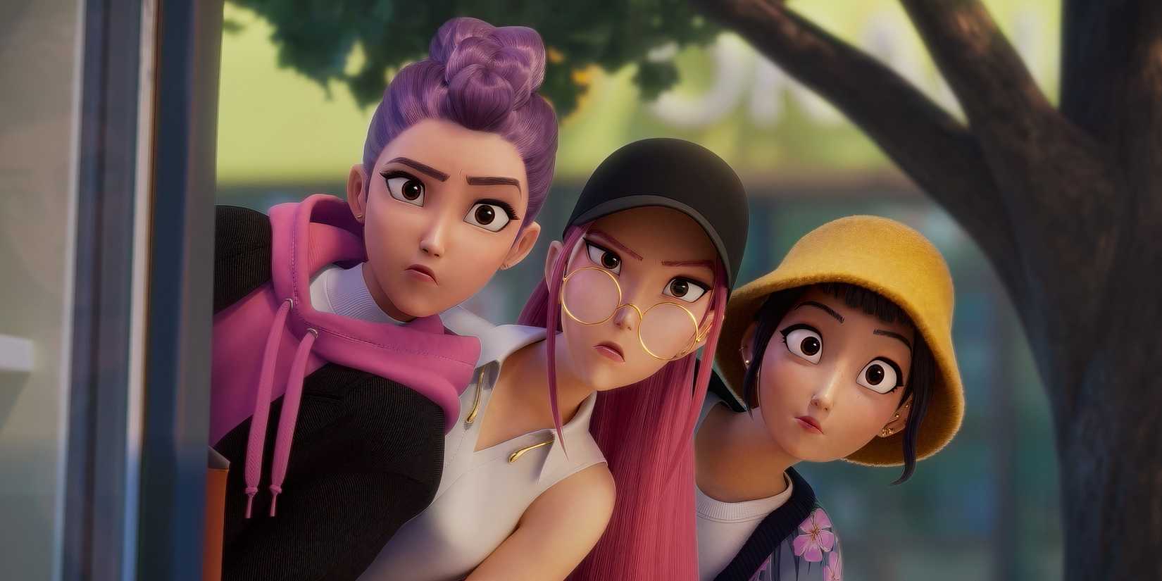 Rumi, Mira and Zoey behind a tree in Kpop Demon Hunters