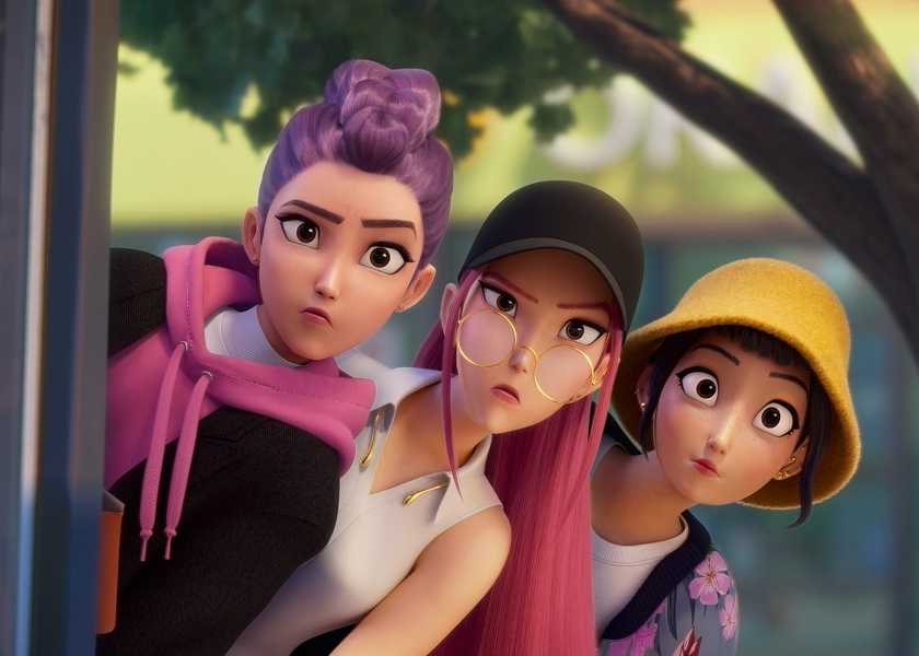 Rumi, Mira and Zoey peeking around a building in KPop Demon Hunters