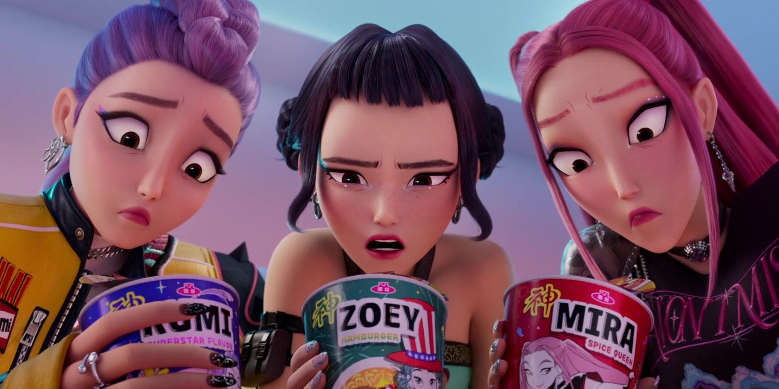 Rumi Zoey Mira looking at ramen cups in KPop Demon Hunters