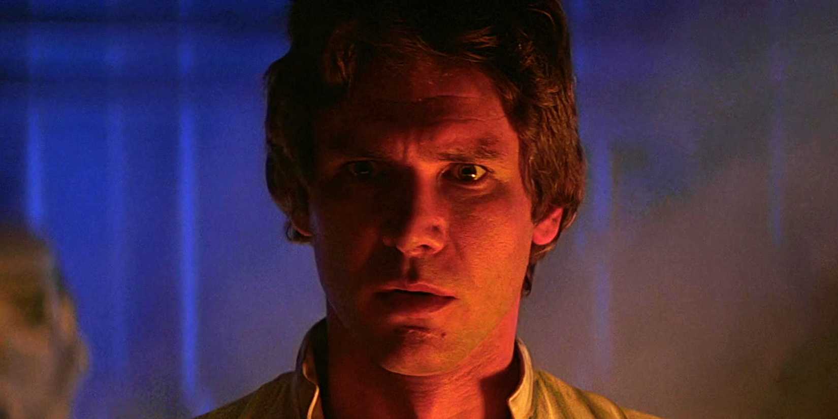 Han Solo looks horrified as he prepares to go into carbonite on Bespin.