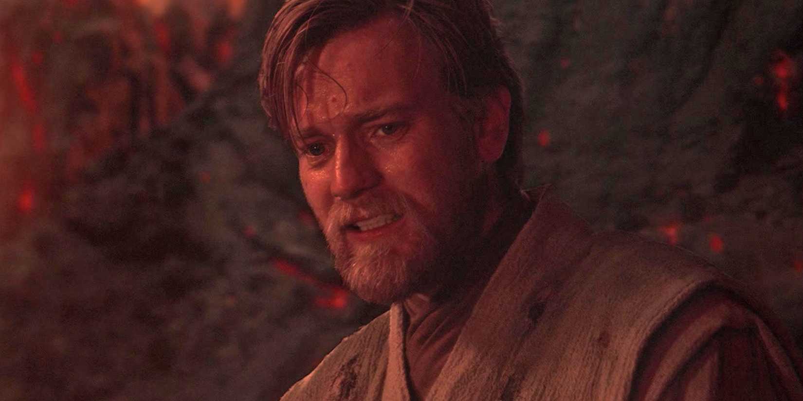Obi-Wan Kenobi (Ewan McGregor) looks remorseful as Anakin burns on Mustafar.