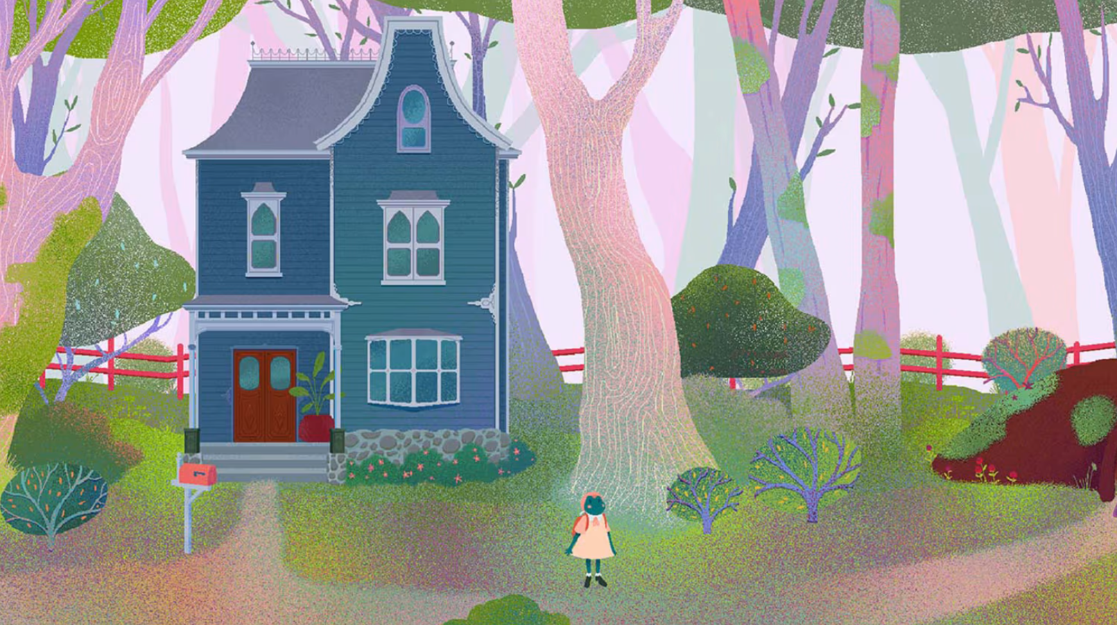Screenshot from Teacup showing a frog in a dress standing outside a house with trees all around