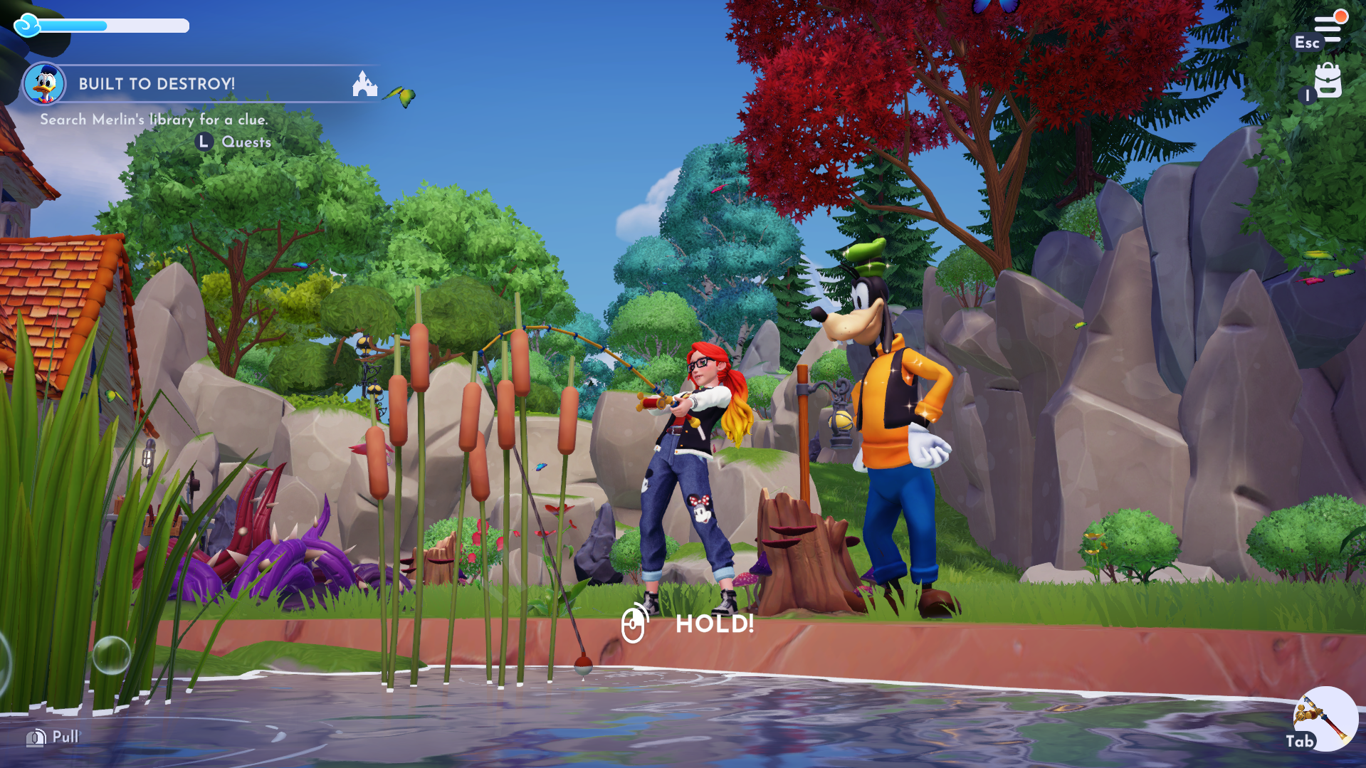 Disney Dreamlight Valley character fishing with goofy watching