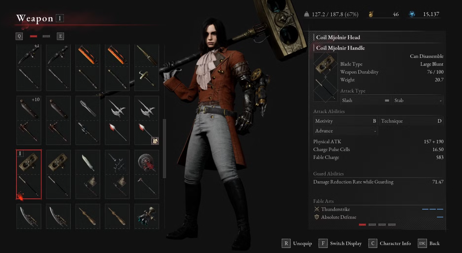 Lies of P details for coil mjolnir weapon
