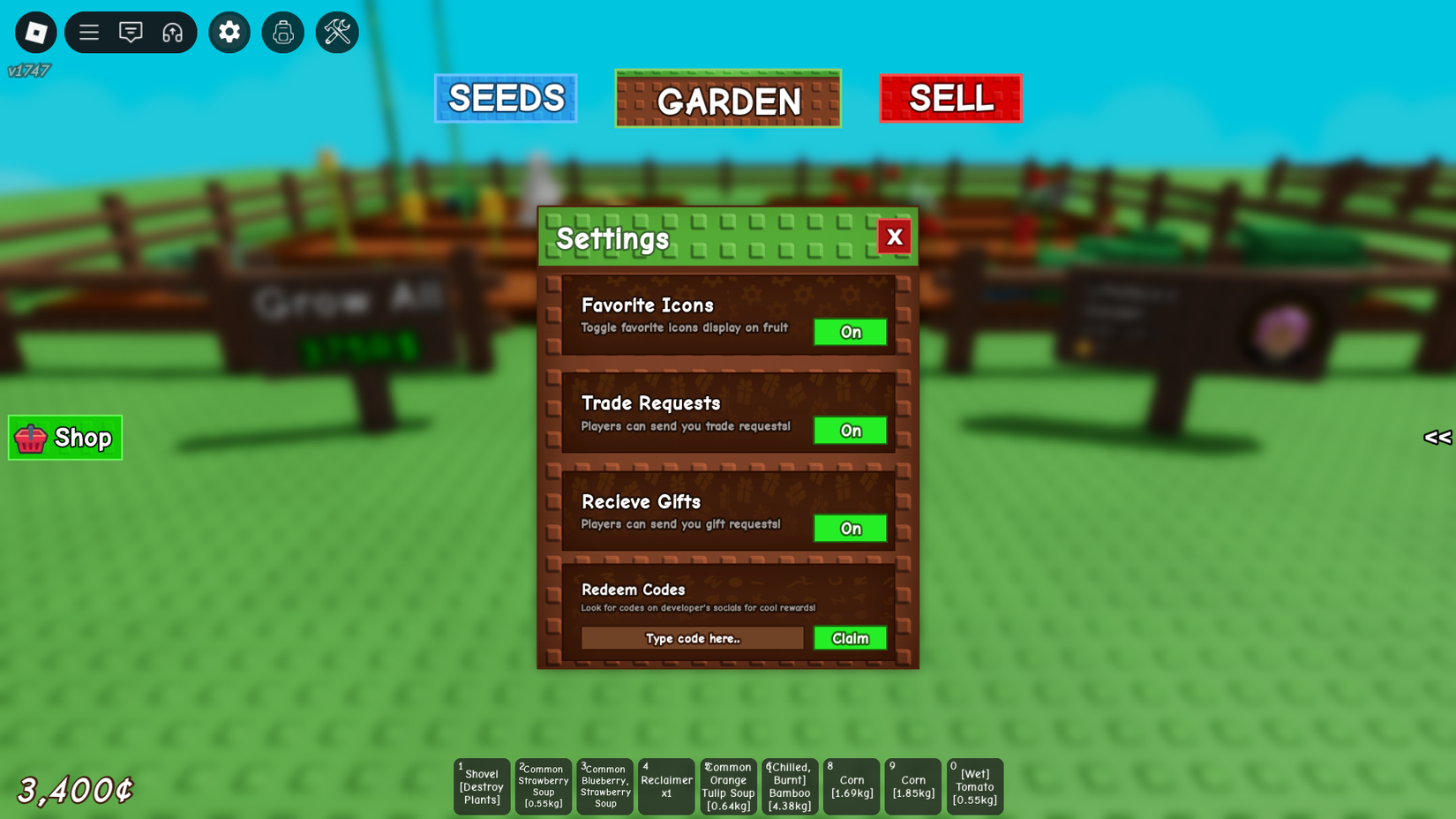 Roblox grow a garden game settings screen with the code entry field visible