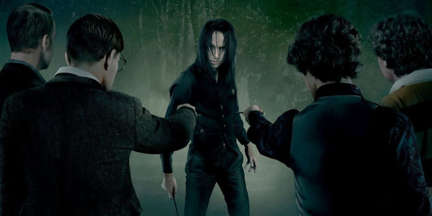 The Marauders point their wands at Snape in the woods in Severus Snape and the Marauders