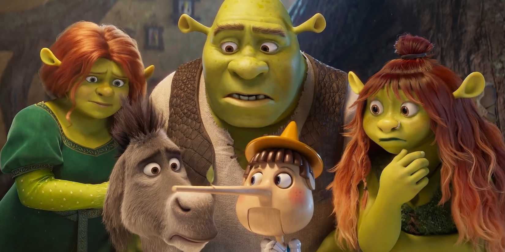 Fiona, Shrek, Felicia, and Donkey staring at Pinocchio's nose in the Shrek 5 trailer