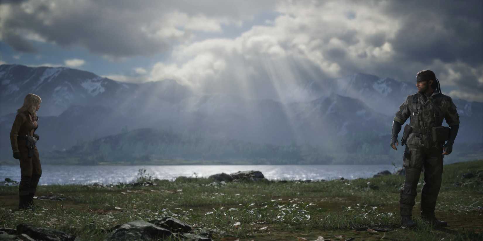 Snake and EVA staring at each other on a grassy field near a body of water in Metal Gear Solid Delta.