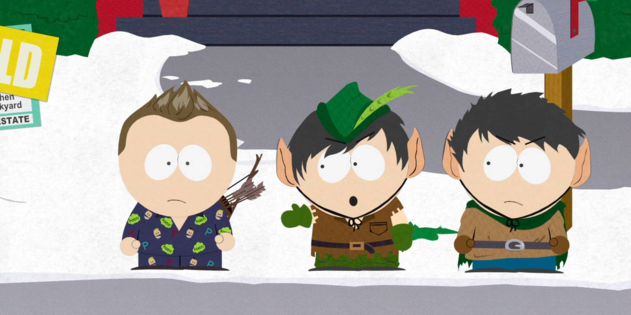 Tre personaggi di South Park in costume elfo durante una scena del gioco